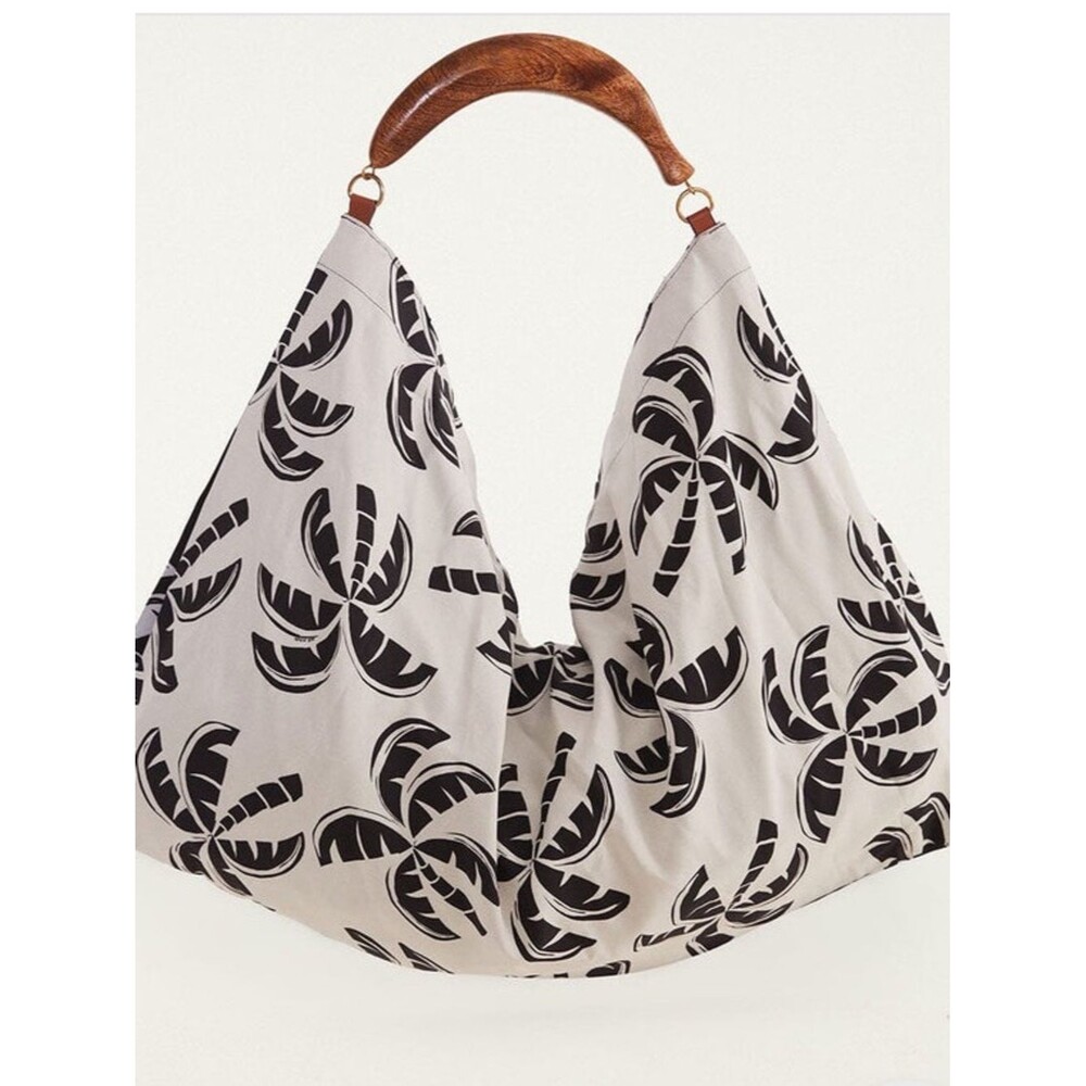 NEW FARM Rio Black And White Scarf Tote Bag Wood Handle Reversible Palm Trees - Picture 5 of 12